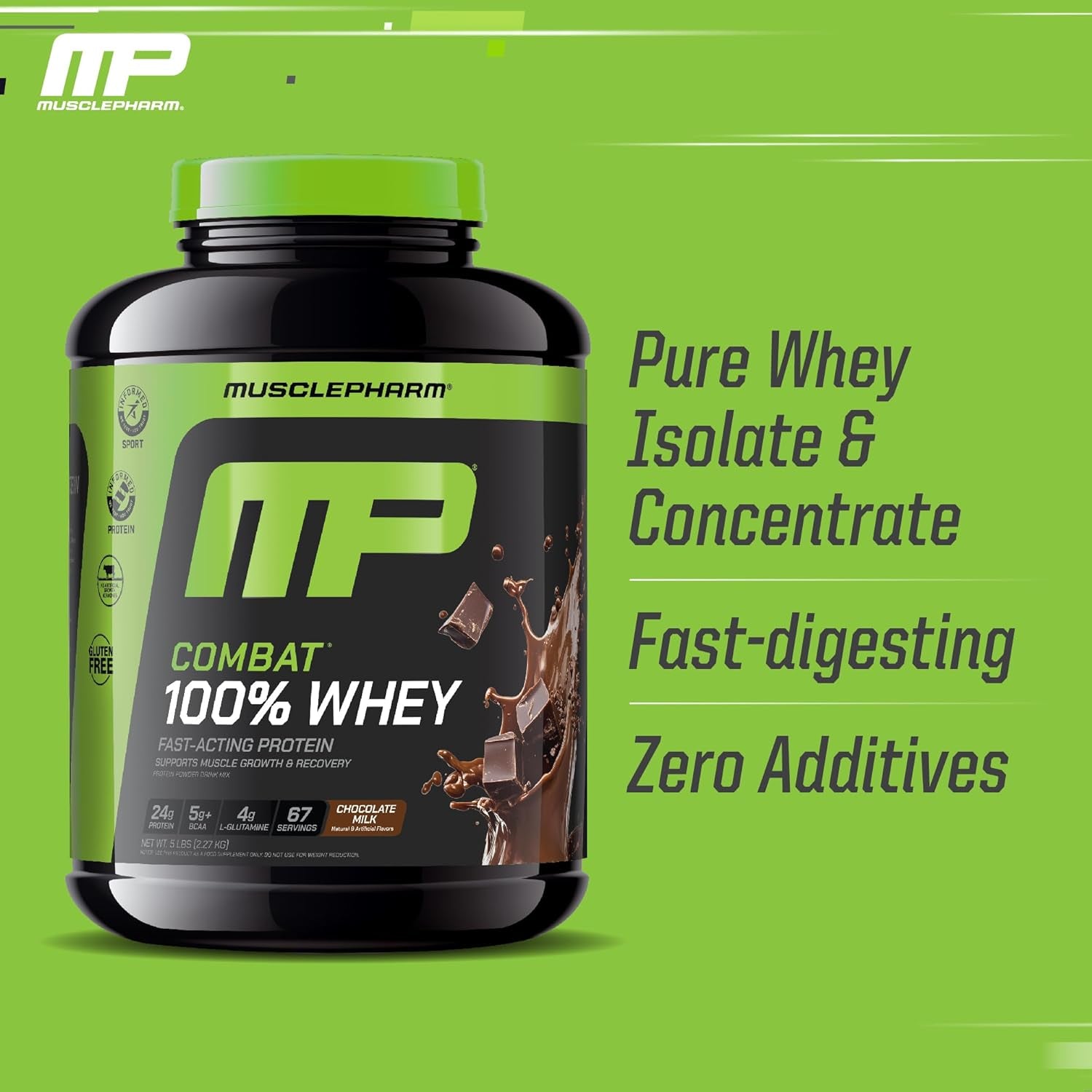 Combat 100% Whey Protein Powder, Chocolate Milk, Fast Recovery & Muscle Gain with Whey Protein Isolate, High Protein Powder for Women & Men, Gluten Free, 5 Lb, 70 Servings