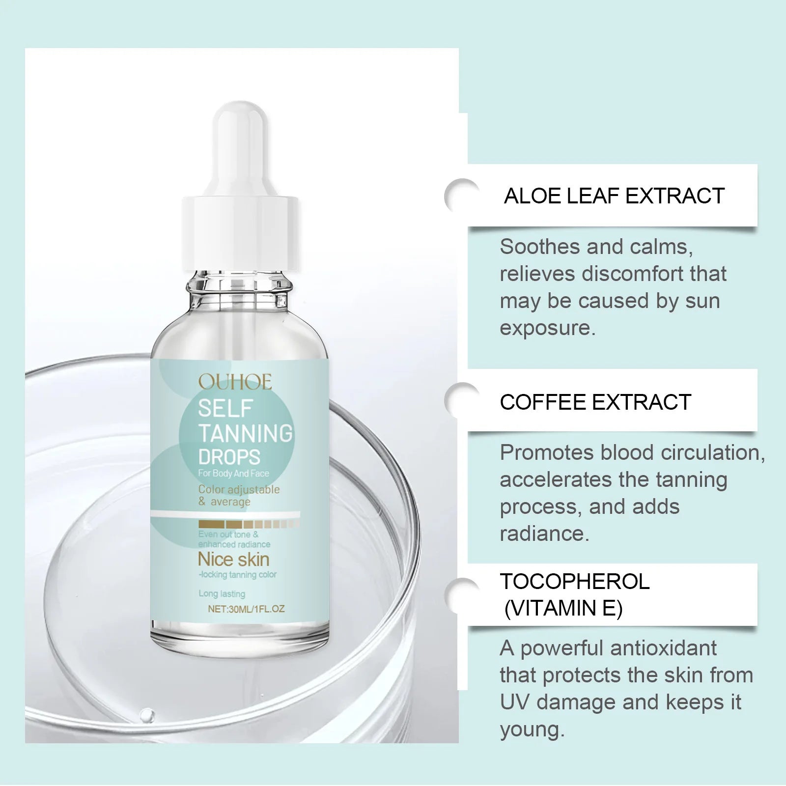 Self Tanning Drops Bronzing Fake Tan Serum Indoor Sunbeds Dark Tanning Accelerator Sunburn Skin Repair Sunless Tanner Drops 30Ml