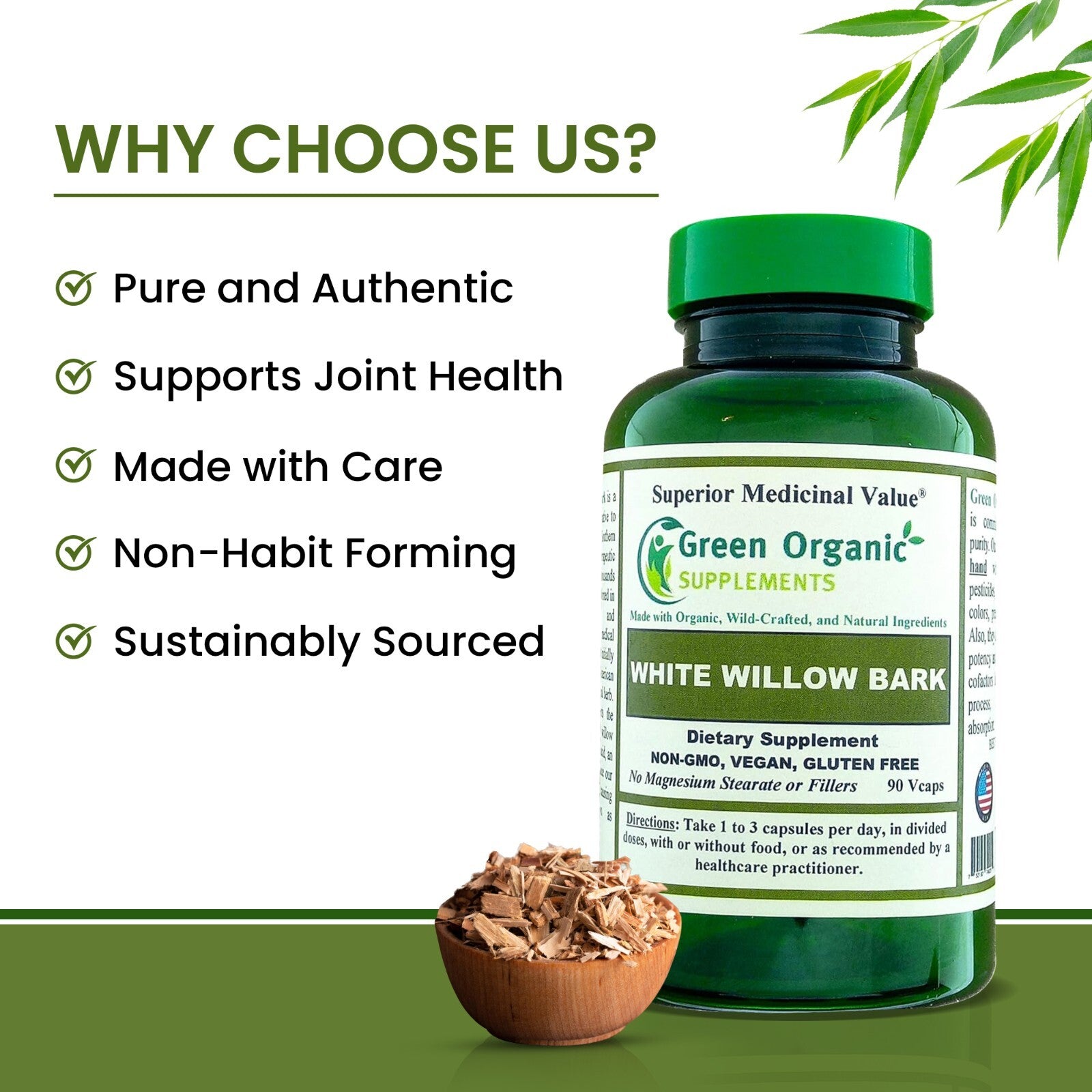 White Willow Bark Capsules 90 Caps, 710Mg - Green Organic Supplements