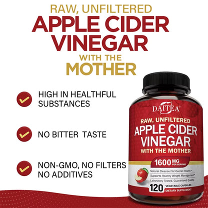 Daitea Raw Organic Apple Cider Vinegar - Gut Health, Digestion, Detox & Cleanse, Immune Supplement, Natural Vegetarian Capsules